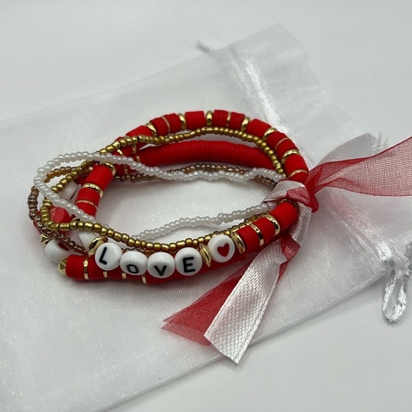 5PC Red and Gold Love Letter Faux Pearl Bracelet Stack - Picture 4 of 4